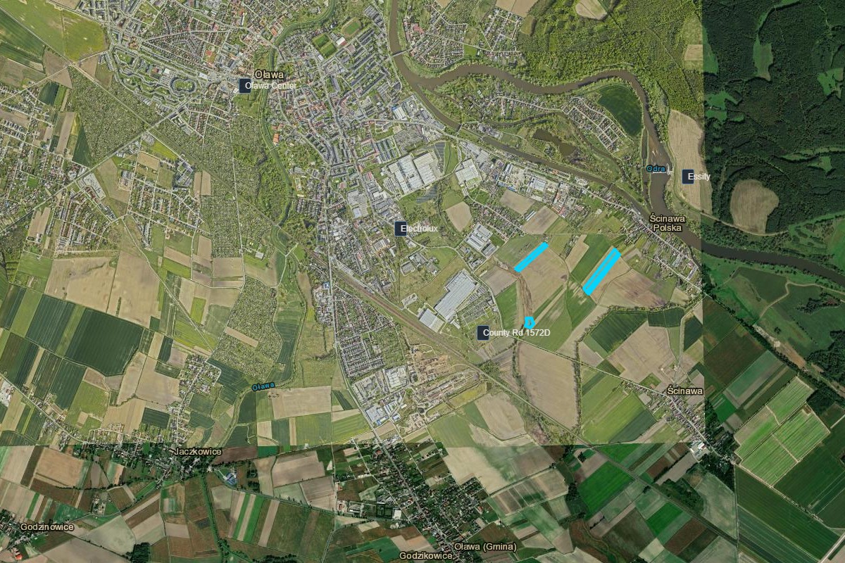 Satellite context view showing A4 Motorway, Oława, and corridor
